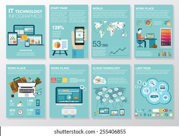 Grande conjunto de elementos infográficos em estilo de negócios plano moderno. Ilustrações vetoriais de infográficos modernos sobre TI. Use em site, folheto, relatório corporativo, apresentação, publicidade, marketing. A4