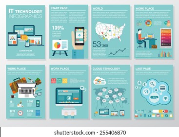 Big set of infographics elements in modern flat business style. Vector illustrations of modern infographics about IT. Use in website, flyer, corporate report, presentation, advertising, marketing. A4