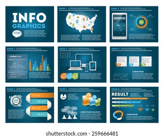 Big set of infographics elements in modern business style, IT infochat. Blue dark presentation template. Use in website, flyer, corporate report, presentation, advertising, marketing. 