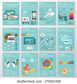 Big set of infographics elements in modern flat business style. Vector illustrations of modern infographics about IT. Use in website, flyer, corporate report, presentation, advertising, marketing. A4