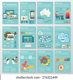 Big set of infographics elements in modern flat business style. Vector illustrations of modern infographics about IT. Use in website, flyer, corporate report, presentation, advertising, marketing. A4