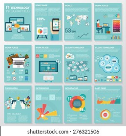Big set of infographics elements in modern flat business style. Vector illustrations of modern infographics about IT. Use in website, flyer, corporate report, presentation, advertising, marketing. A4
