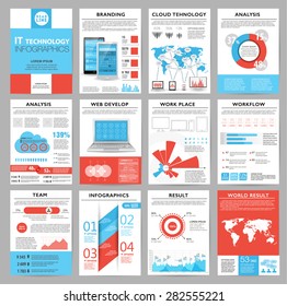 Big set of infographics elements in modern flat business style. Vector illustrations of modern infographics about IT. Use in website, flyer, corporate report, presentation, advertising, marketing. A4