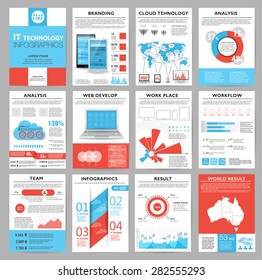 Big set of infographics elements in modern flat business style. Vector illustrations of modern infographics about IT. Use in website, flyer, corporate report, presentation, advertising, marketing. A4