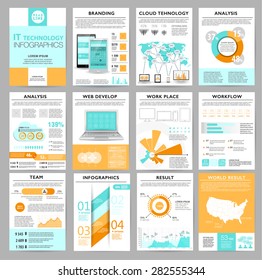 Big set of infographics elements in modern flat business style. Vector illustrations of modern infographics about IT. Use in website, flyer, corporate report, presentation, advertising, marketing. A4