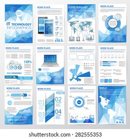 Big set of infographics elements in modern polygon business style.Vector illustrations of modern infographic about IT. Use in website, flyer, corporate report, presentation, advertising, marketing. A4