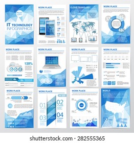 Big set of infographics elements in modern polygon business style.Vector illustrations of modern infographic about IT. Use in website, flyer, corporate report, presentation, advertising, marketing. A4