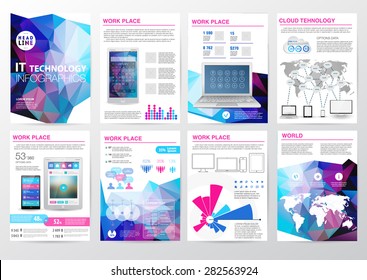 Big set of infographics elements in modern polygon business style. Vector illustration of modern infographic about IT. Use in website, flyer, corporate report, presentation, advertising, marketing. A4