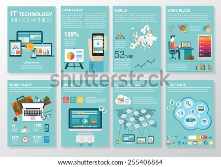 Big set of infographics elements in modern flat business style. Vector illustrations of modern infographics about IT. Use in website, flyer, corporate report, presentation, advertising, marketing. A4
