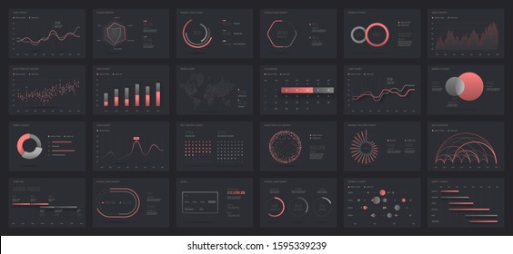 Big set of infographics on a dark background. Use in presentation templates, mobile app and corporate report. Dashboard UI with big data visualization.