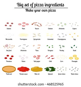 Big set of ingredients for pizza. Vector illustration builder. Isolated infographic elements on white background