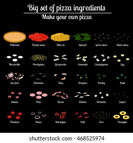 Big set of ingredients for pizza. Vector illustration builder. Isolated infographic elements on black background