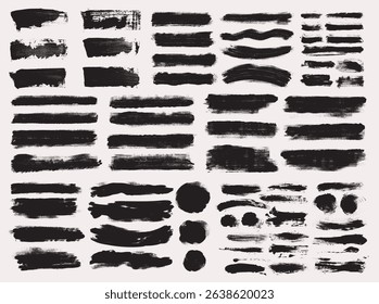 Big set of ink brush stroke. Grunge paint brush, frame, bold line, box. Torn paint edges, watercolor splash, or dirty high detail texture set. Black silhouette, banner clip art vector design element.