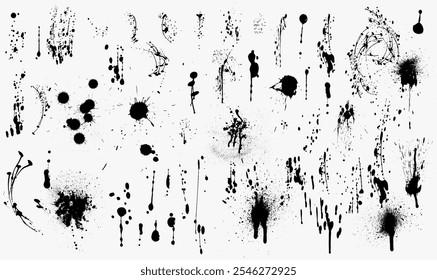 Big set of ink drops, splashes, spray paint drops. Vector blotter spots, liquid paint drip drop splash, ink splatter. Art dirty grunge abstract spot. Black monochrome set. Splash, splat messy inkblot.