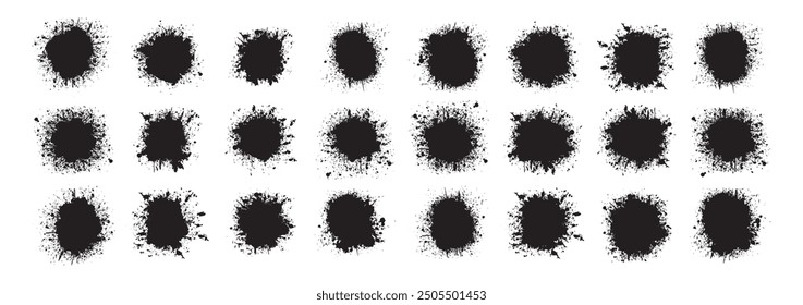 Big Set of ink splashes, blots. Black inked splatter dirt stain splattered spray splash, Black and white abstract splatter color on wall background. Textured paint drops ink splash grunge design