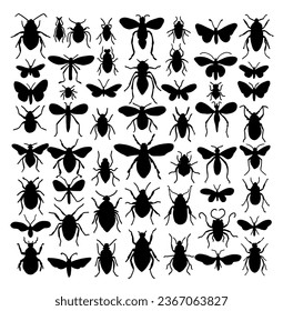 Big Set of  Insects Silhouettes in Different Poses. Almost Each Kind of Insects Represented in set. High Detail. Vector Illustration.
