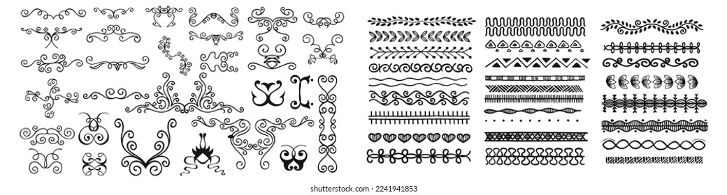 Big set of intage styled calligraphic flourishes and swashes. Collection or set of handdrawn ornate elements. Flourishes and frames made in vector