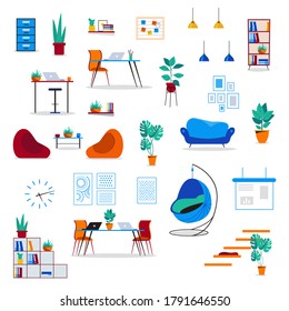 Big set with interior items. Coworking, freelance, teamwork, communication, interaction, idea, independent activity concept. Vector illustration on white background