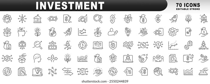 Grande conjunto de ícones de linha relacionados ao investimento. Finanças, capital, lucro, rendimento, dinheiro etc. Traçado editável