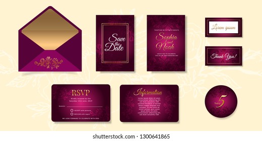 Big set of invitation cards with envelope. Vector template for wedding invitation with  gold flowers. Luxury gold backgrounds, artistic covers design. Luxury wedding invitation frame set - Vector
