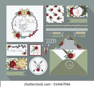 Big set of invitation cards for a wedding.  Vector collection with spring and summer elements: flowers, wreaths, branches, frames, butterflies, pattern brushes.