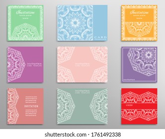 Gran conjunto de plantillas de invitación con borde de marco, elemento de doodle mandala. Colección de tarjetas de encaje. Fondo de arte decorativo para bodas, tarjeta de saludo de San Valentín, invitación de cumpleaños