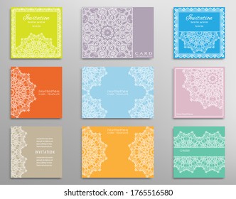 Big set of Invitation templates with frame border, doodle mandala element. Lace card collection. Decorative line art background for Wedding, Valentine's day greeting card, Birthday Invitation
