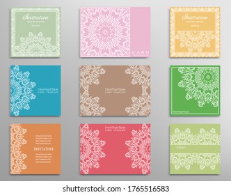Big set of Invitation templates with frame border, doodle mandala element. Lace card collection. Decorative line art background for Wedding, Valentine's day greeting card, Birthday Invitation