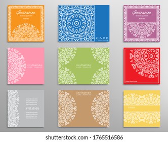 Big set of Invitation templates with frame border, doodle mandala element. Lace card collection. Decorative line art background for Wedding, Valentine's day greeting card, Birthday Invitation