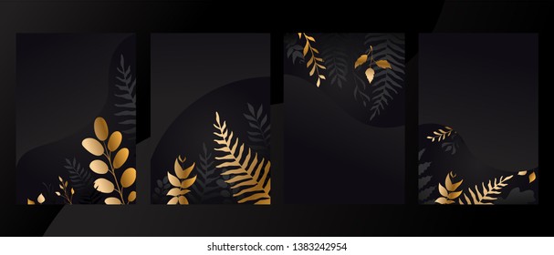 Big set with invite card design. Golden vector leaves style. Collection foil brochure .