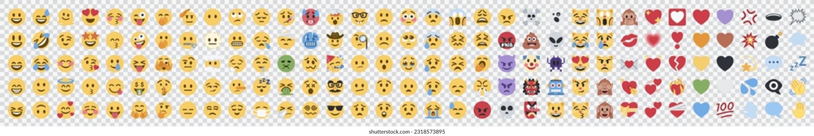 Big set of iOS emoji. Funny emoticons faces with facial expressions. Full editable vector icons. iOS emoji. Detailed emoji icon from the WhatsApp, Facebook, twitter. On transparent background. svg