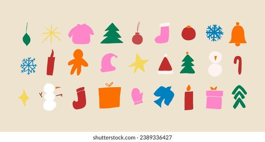 Big set of isolated abstract contemporary modern trendy vector illustrations in hand-drawn various colorful Christmas shapes and doodle objects.