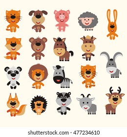 Big set of isolated animals in cartoon style: forest, asia, africa, farm, domestic