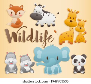 Grandes animales aislados. Diseño de caracteres Animales de bosque Cute. Ilustración vectorial de estilo de corte de papel y cartón.	