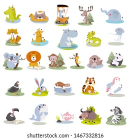 Big set isolated animals. Vector collection funny animals. Cute vector Zoo with animals in cartoon style.