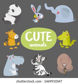 Big set isolated animals. Vector collection funny animals. Vector illustration of animal ,panda, rabbit, giraffes, elephant, hippopotamus, crocodile, zebra, bear.