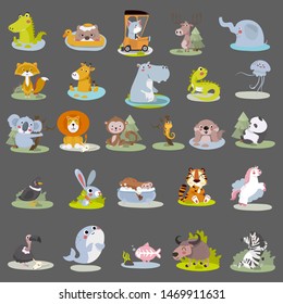 Big set isolated animals. Vector collection funny animals.