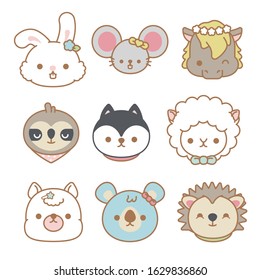 Big set isolated animals. Vector collection funny animals. Cute animals: forest, farm, domestic, polar in cartoon style. Rabbit, mouse, horse, sheep, wolf, llama, sloth, koala and hedgehog. Vector