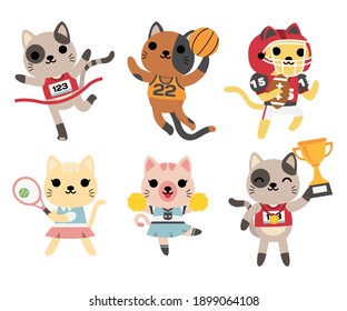 Big set of isolated animals. Vector collection of playing, tenis, basket-ball, american football, Cheering , winning trophy funny animals. Cute animals: cat in cartoon style. 