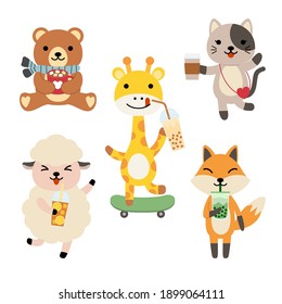 Big set of isolated animals. Vector collection funny animals. Cute animals drinking: domestic, teddy, cat, fox and ziraf in cartoon style. Giraffe, elephant, sheep