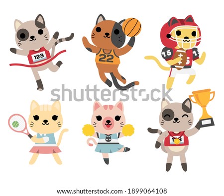 Big set of isolated animals. Vector collection of playing, tenis, basket-ball, american football, Cheering , winning trophy funny animals. Cute animals: cat in cartoon style. 