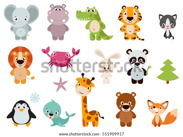 Big set isolated animals.\
Vector collection funny animals. Cute animals: forest, farm,\
domestic, polar in cartoon style. Giraffe, elephant, crab, rabbit,\
fox