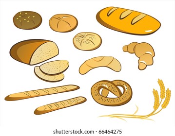 big set of  isolated bread,  bun, baked goods, cheerful colored on the white background