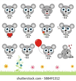 Big set of isolated cartoon mouse in different poses.