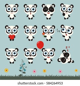 Big set of isolated cartoon panda bear in different poses.