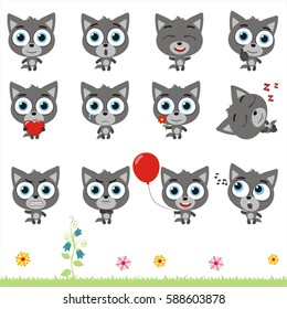 Big set of isolated cartoon wolf in different poses on white background.