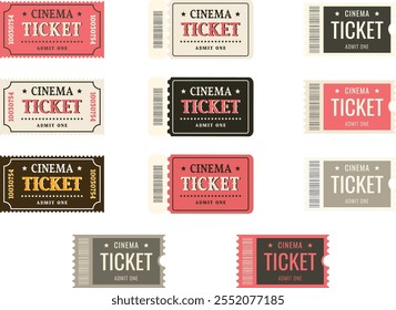 Big set of isolated colored Cinema tickets. Ticket template