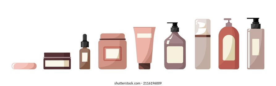 Big set of isolated cosmetic beauty products on white background. Jars, bottles, tubes, dispensers. Templates for your design. Natural skin care products. Stock vector illustration in flat style.