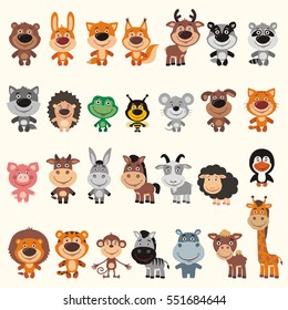 Big set of isolated different funny animals in cartoon style. 