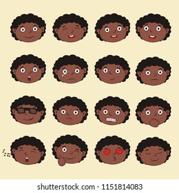 Big set of isolated emoticons of faces of african boy in cartoon style.